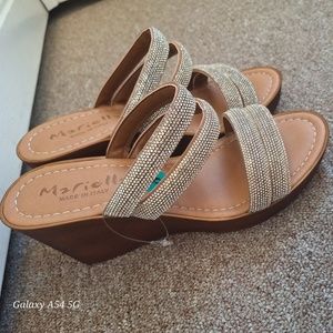 New Mariella tan/ beige beaded Wedge Sandals